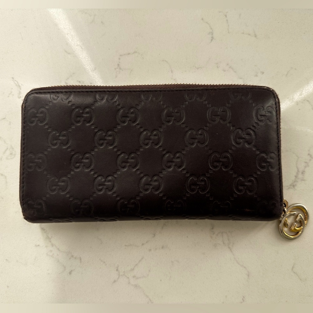 Authentic Gucci GG Brown Guccissima Leather Zip Around Continental Wallet